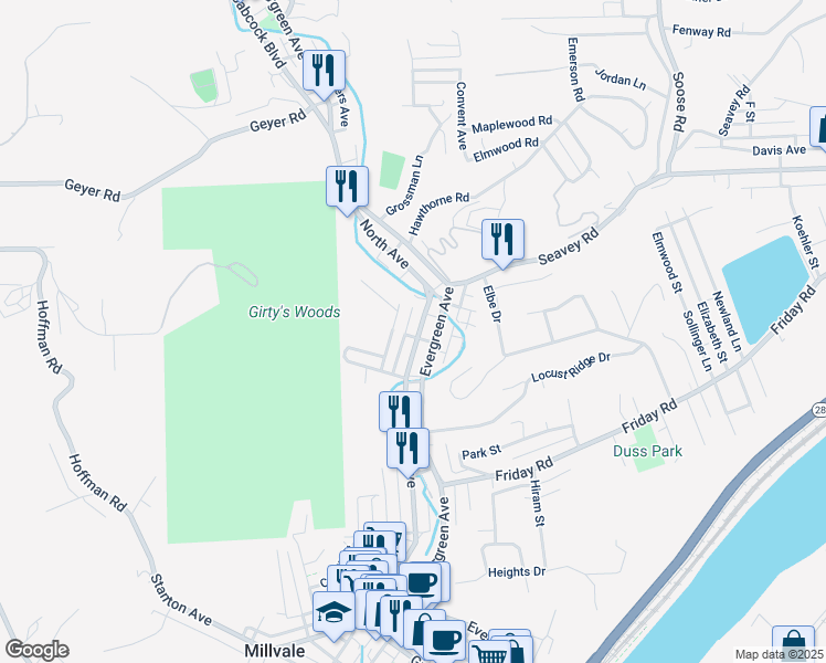 map of restaurants, bars, coffee shops, grocery stores, and more near 906 North Avenue in Millvale