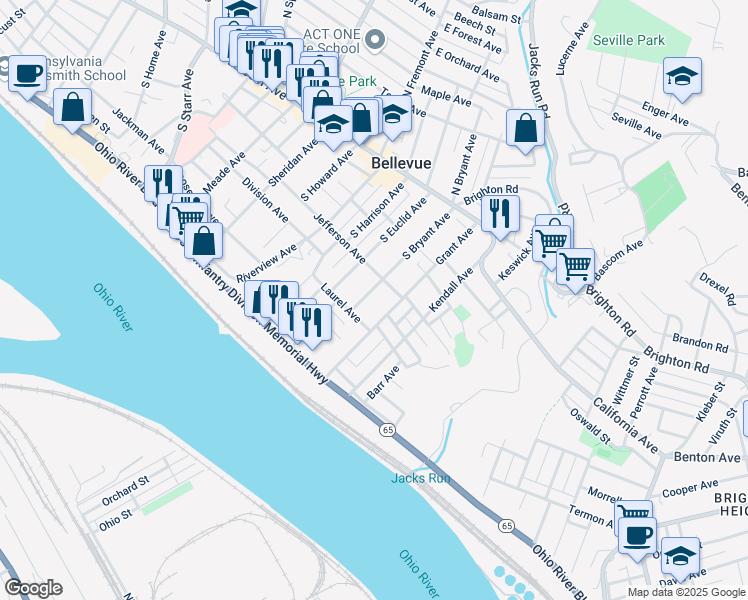 map of restaurants, bars, coffee shops, grocery stores, and more near 148 South Bryant Avenue in Pittsburgh