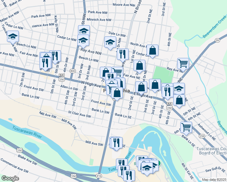 map of restaurants, bars, coffee shops, grocery stores, and more near in New Philadelphia