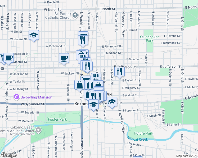 map of restaurants, bars, coffee shops, grocery stores, and more near 421 North Main Street in Kokomo