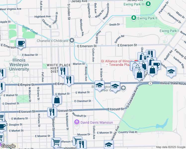 map of restaurants, bars, coffee shops, grocery stores, and more near 1114 Colton Avenue in Bloomington
