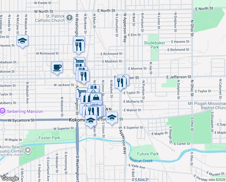 map of restaurants, bars, coffee shops, grocery stores, and more near 300 East Taylor Street in Kokomo
