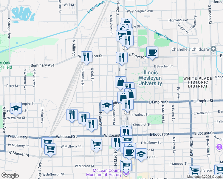 map of restaurants, bars, coffee shops, grocery stores, and more near 1201 North Roosevelt Avenue in Bloomington