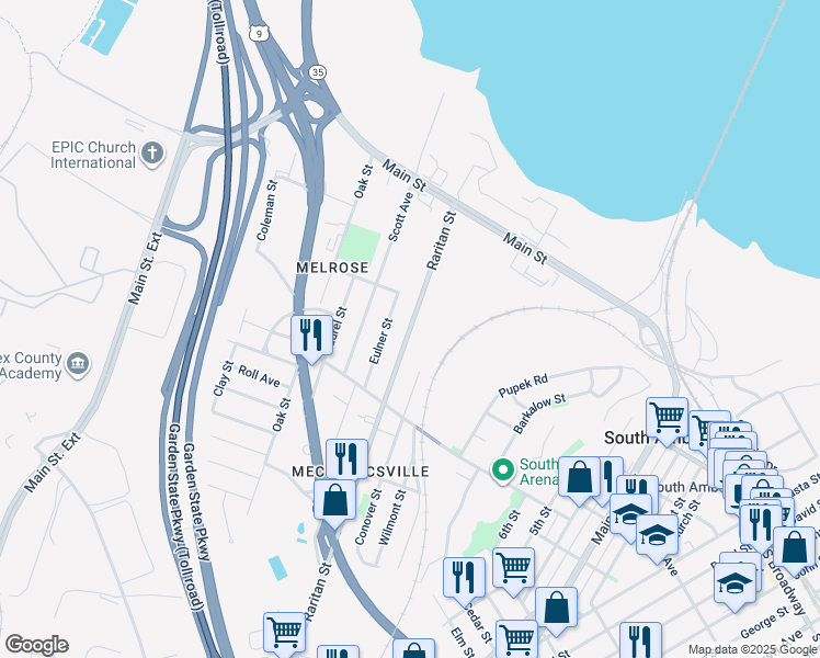 map of restaurants, bars, coffee shops, grocery stores, and more near 238 Raritan Street in South Amboy