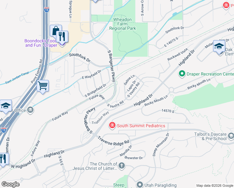 map of restaurants, bars, coffee shops, grocery stores, and more near 14382 South Champ Cove in Draper