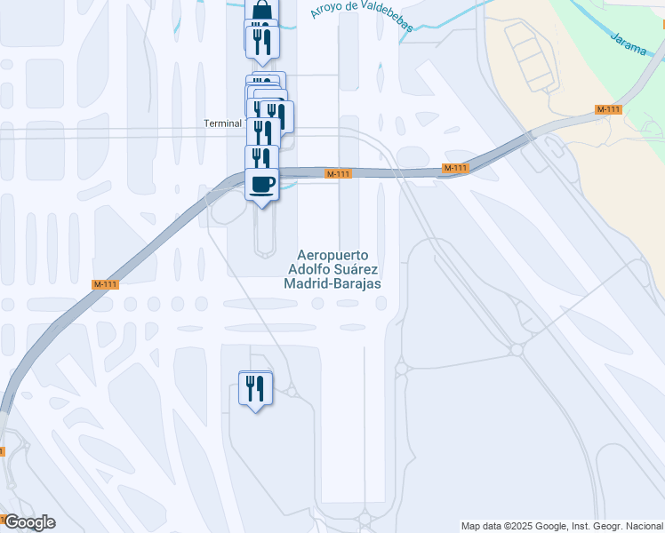 map of restaurants, bars, coffee shops, grocery stores, and more near s/n Avenida de la Hispanidad in Madrid