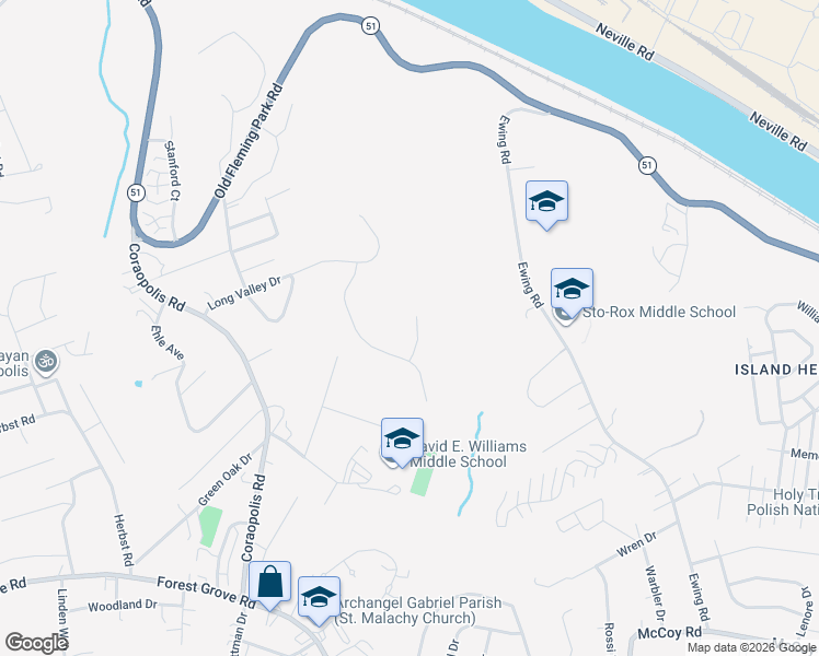map of restaurants, bars, coffee shops, grocery stores, and more near 107 Beechwood Circle in Coraopolis