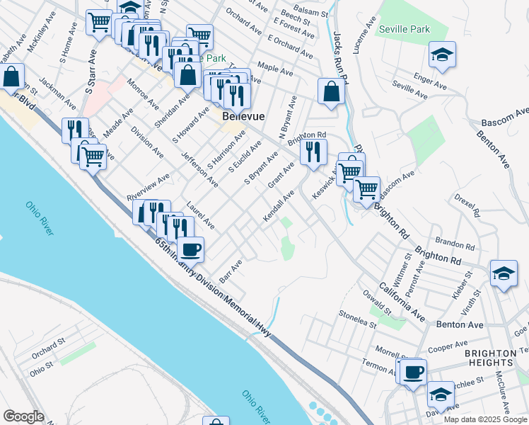 map of restaurants, bars, coffee shops, grocery stores, and more near 60 Kendall Avenue in Pittsburgh