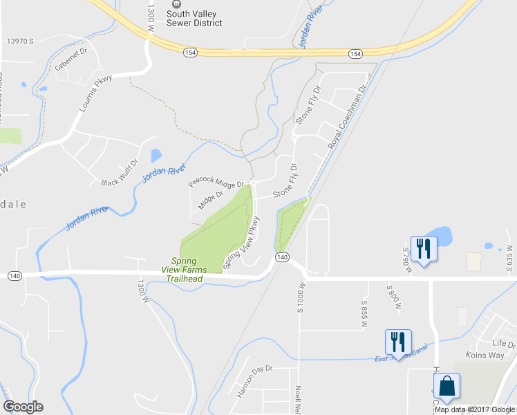 map of restaurants, bars, coffee shops, grocery stores, and more near 14387 Spring View Parkway in Bluffdale