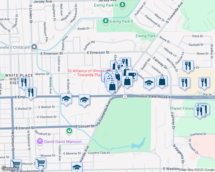 map of restaurants, bars, coffee shops, grocery stores, and more near 1210 Towanda Avenue in Bloomington