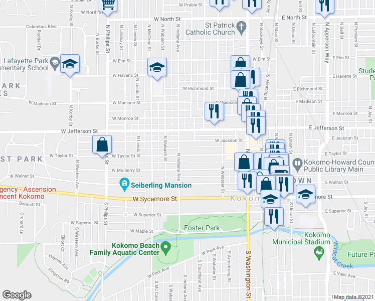 map of restaurants, bars, coffee shops, grocery stores, and more near 700 West Taylor Street in Kokomo