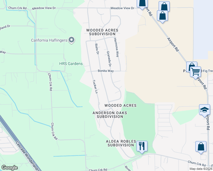 map of restaurants, bars, coffee shops, grocery stores, and more near 6927 Riata Drive in Redding