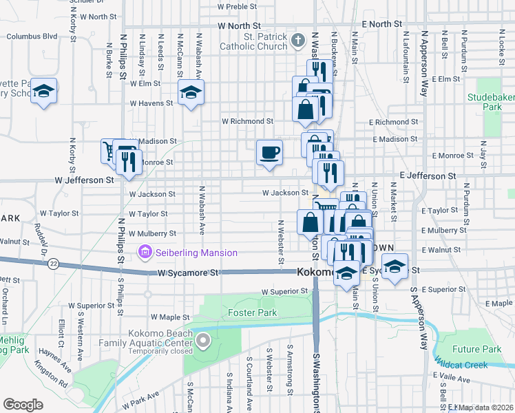 map of restaurants, bars, coffee shops, grocery stores, and more near 538 W Taylor St in Kokomo