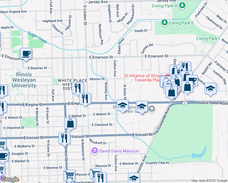 map of restaurants, bars, coffee shops, grocery stores, and more near 1114 Colton Avenue in Bloomington