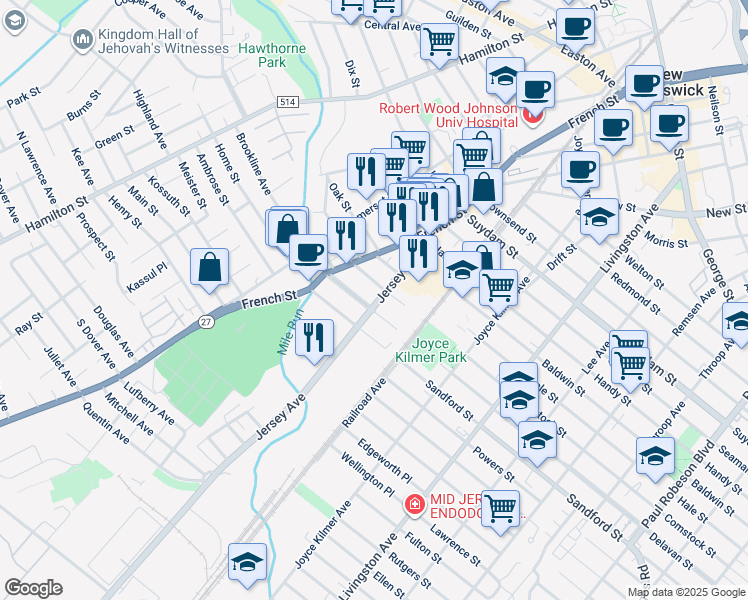 map of restaurants, bars, coffee shops, grocery stores, and more near 71 Jersey Avenue in New Brunswick