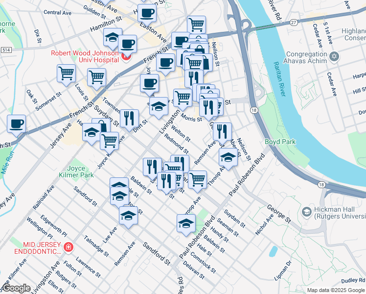 map of restaurants, bars, coffee shops, grocery stores, and more near 16 Lee Avenue in New Brunswick