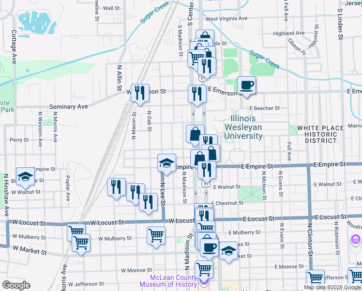 map of restaurants, bars, coffee shops, grocery stores, and more near 301 West Graham Street in Bloomington