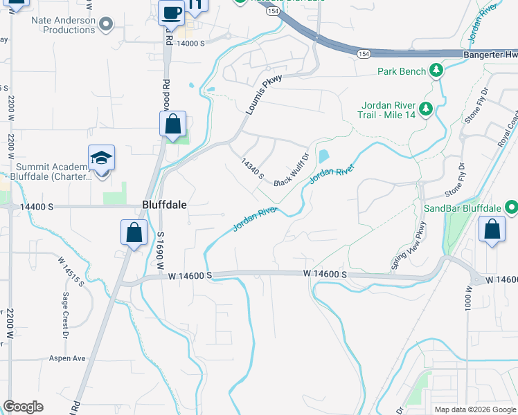 map of restaurants, bars, coffee shops, grocery stores, and more near 1461 West Pintail Duck Circle in Bluffdale