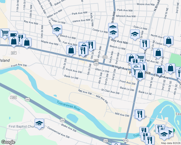 map of restaurants, bars, coffee shops, grocery stores, and more near 451 Front Avenue Southwest in New Philadelphia
