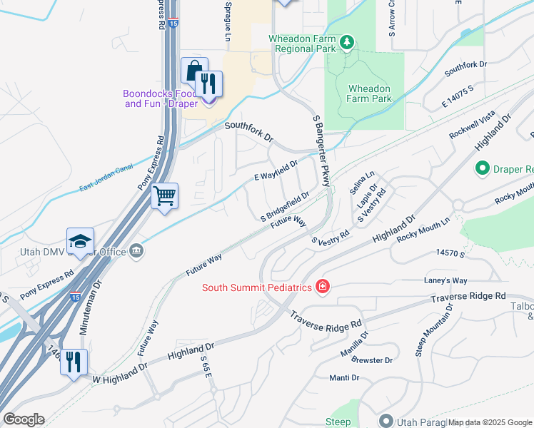 map of restaurants, bars, coffee shops, grocery stores, and more near 14398 Dreamfield Drive in Draper