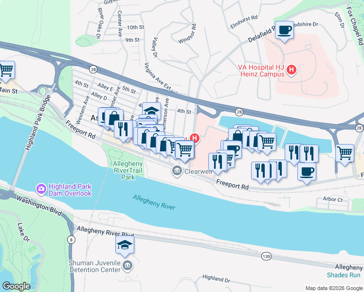 map of restaurants, bars, coffee shops, grocery stores, and more near 124 Lexington Avenue in Pittsburgh