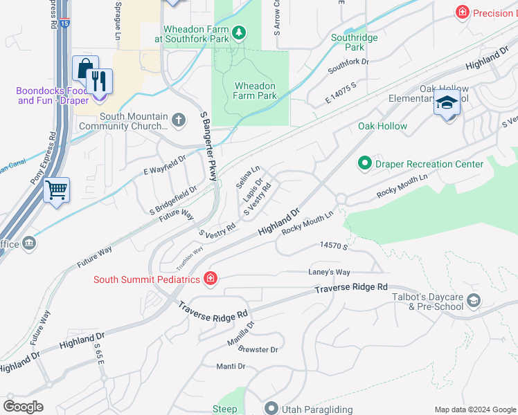 map of restaurants, bars, coffee shops, grocery stores, and more near 14416 Henry Day Road in Draper