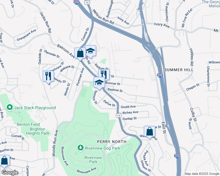 map of restaurants, bars, coffee shops, grocery stores, and more near 3846 Baytree Street in Pittsburgh