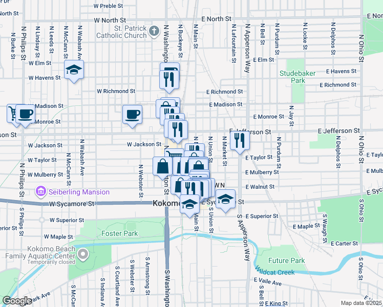 map of restaurants, bars, coffee shops, grocery stores, and more near 421 N Main St in Kokomo