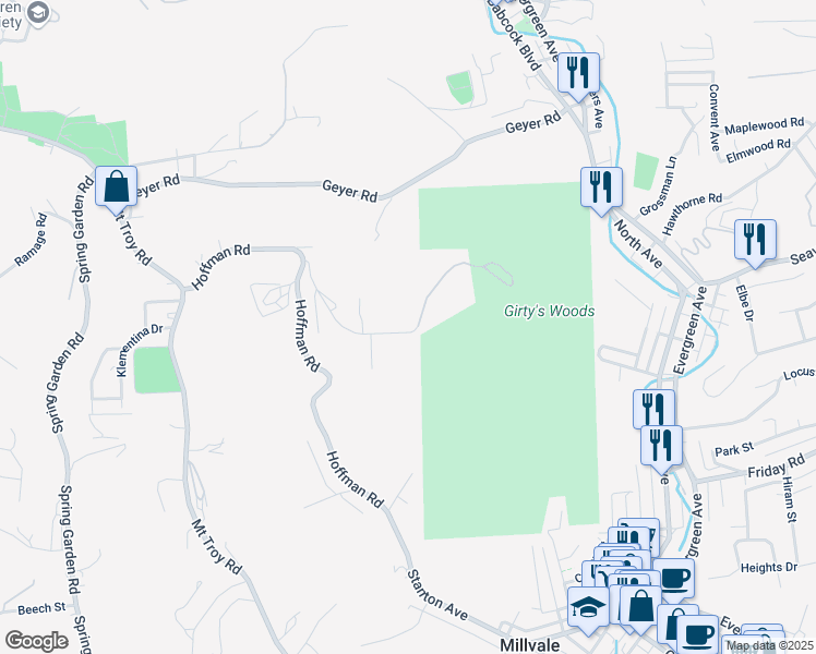 map of restaurants, bars, coffee shops, grocery stores, and more near 481 Irwin Lane in Pittsburgh