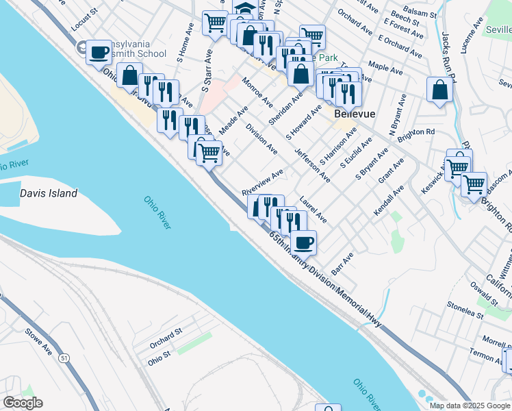 map of restaurants, bars, coffee shops, grocery stores, and more near 1 Carson Avenue in Pittsburgh
