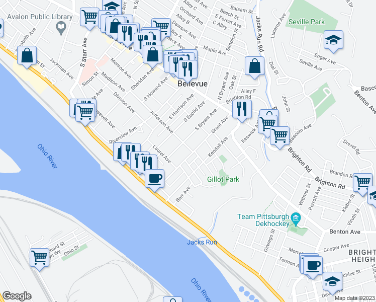 map of restaurants, bars, coffee shops, grocery stores, and more near 126 Grant Avenue in Bellevue
