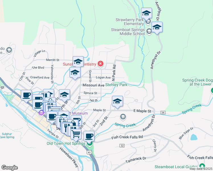 map of restaurants, bars, coffee shops, grocery stores, and more near 45 Missouri Avenue in Steamboat Springs