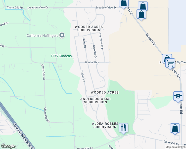 map of restaurants, bars, coffee shops, grocery stores, and more near 6927 Riata Dr in Redding