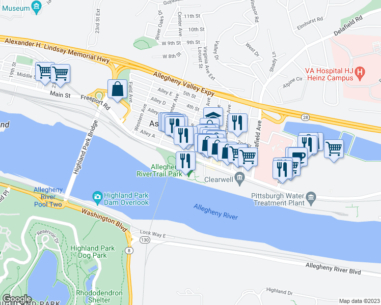 map of restaurants, bars, coffee shops, grocery stores, and more near 235 Commercial Avenue in Aspinwall