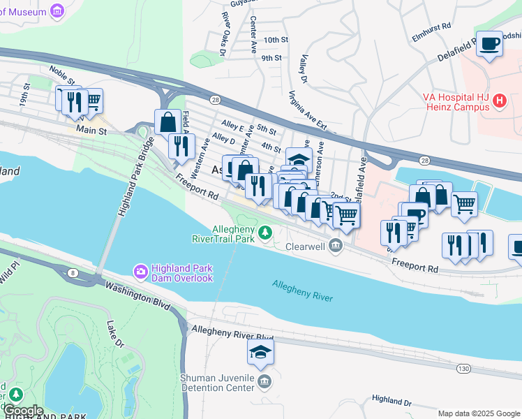 map of restaurants, bars, coffee shops, grocery stores, and more near 235 Commercial Avenue in Aspinwall