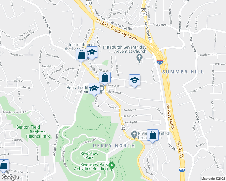 map of restaurants, bars, coffee shops, grocery stores, and more near 3846 Baytree Street in Pittsburgh
