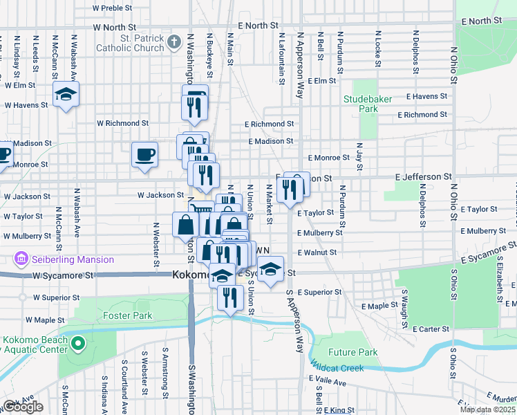 map of restaurants, bars, coffee shops, grocery stores, and more near 400-598 N Union St in Kokomo