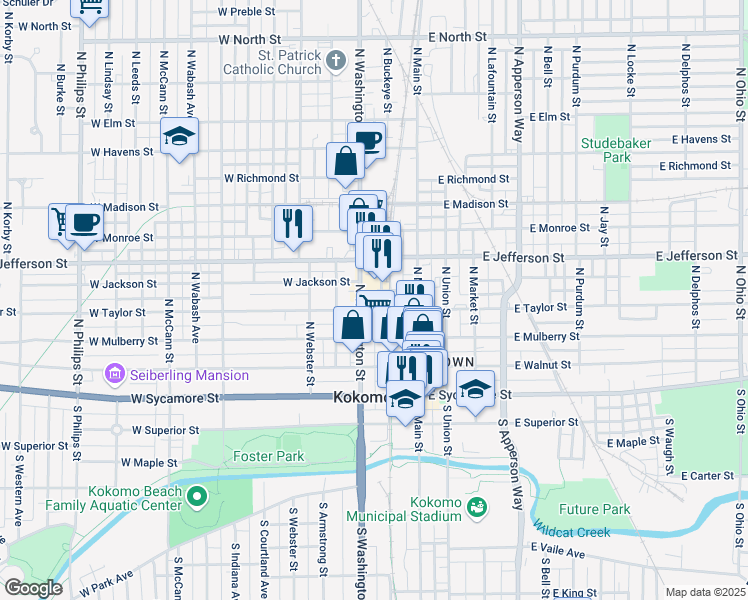 map of restaurants, bars, coffee shops, grocery stores, and more near 400 North Washington Street in Kokomo