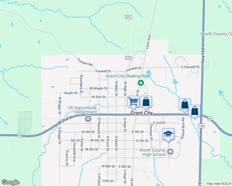 map of restaurants, bars, coffee shops, grocery stores, and more near 101-199 North Main Street in Grant City