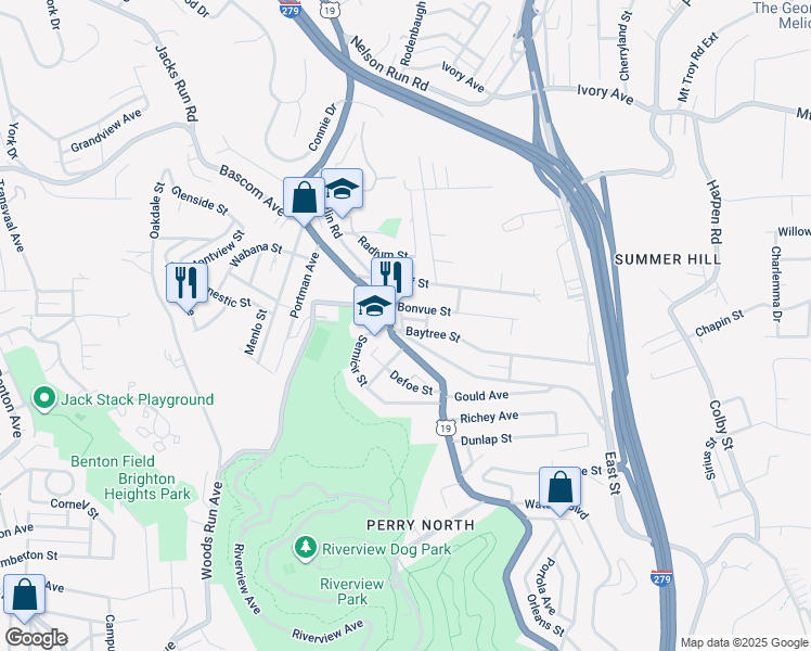map of restaurants, bars, coffee shops, grocery stores, and more near 3856 Baytree Street in Pittsburgh