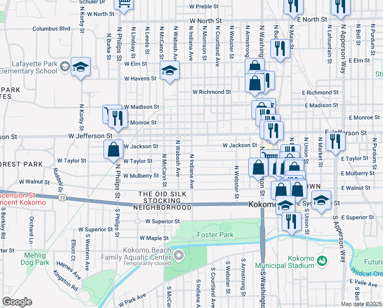 map of restaurants, bars, coffee shops, grocery stores, and more near 425 North Indiana Avenue in Kokomo