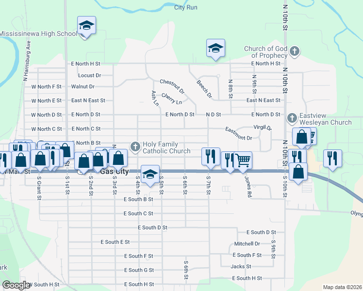 map of restaurants, bars, coffee shops, grocery stores, and more near 528 East North B Street in Gas City