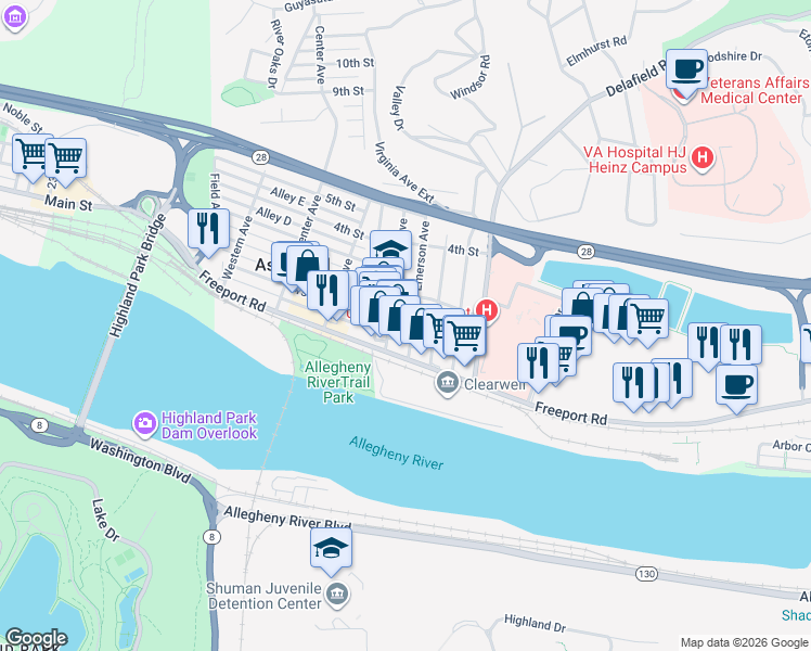 map of restaurants, bars, coffee shops, grocery stores, and more near in Aspinwall