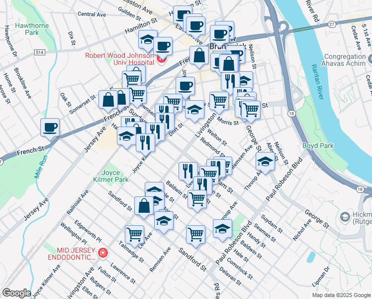 map of restaurants, bars, coffee shops, grocery stores, and more near 119 Livingston Avenue in New Brunswick