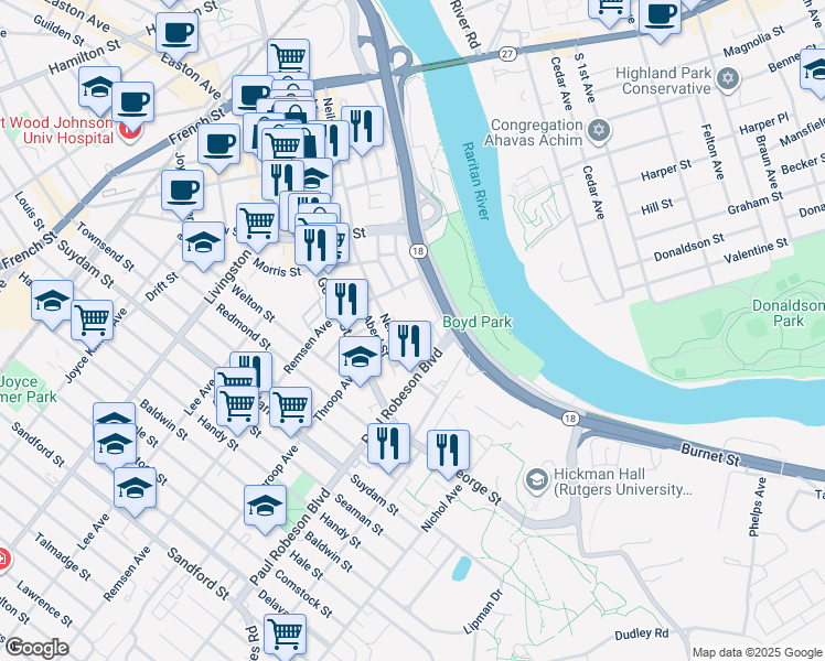 map of restaurants, bars, coffee shops, grocery stores, and more near 33 Paul Robeson Boulevard in New Brunswick