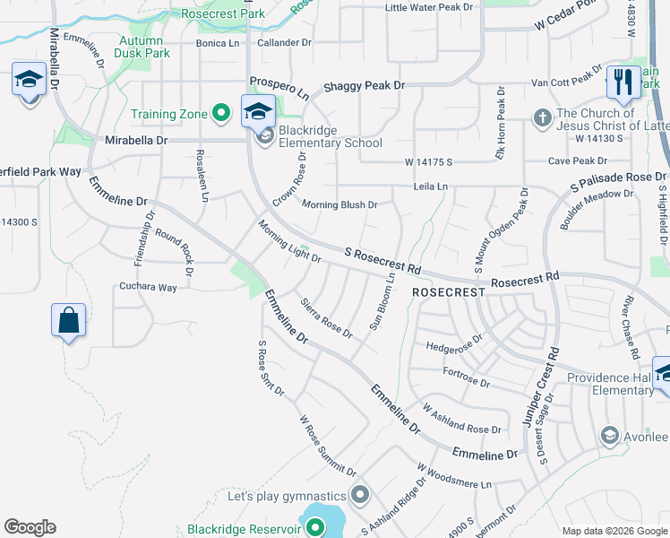 map of restaurants, bars, coffee shops, grocery stores, and more near 14397 Logan Falls Lane in Herriman