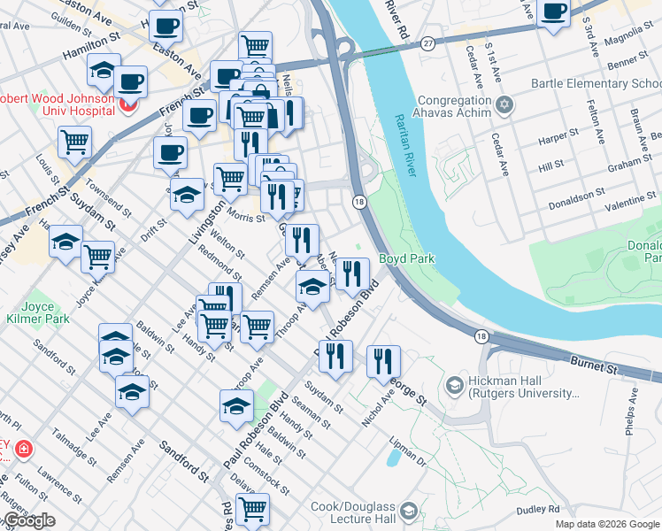 map of restaurants, bars, coffee shops, grocery stores, and more near 40 Hassart Street in New Brunswick