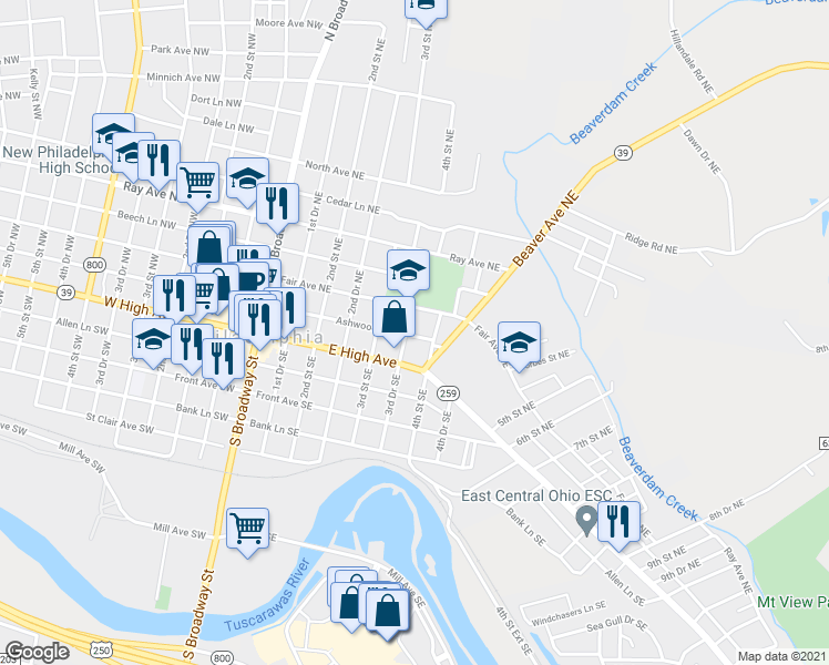 map of restaurants, bars, coffee shops, grocery stores, and more near 335 Ashwood Lane Northeast in New Philadelphia