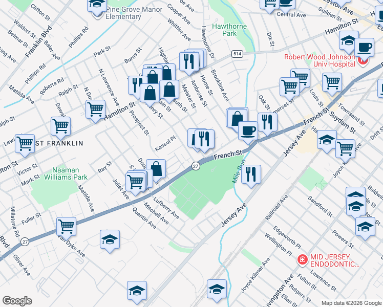 map of restaurants, bars, coffee shops, grocery stores, and more near 9 Henry Street in Franklin Township