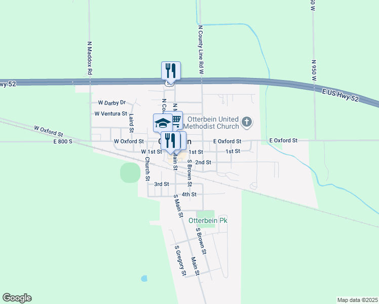 map of restaurants, bars, coffee shops, grocery stores, and more near 1st Street in Otterbein